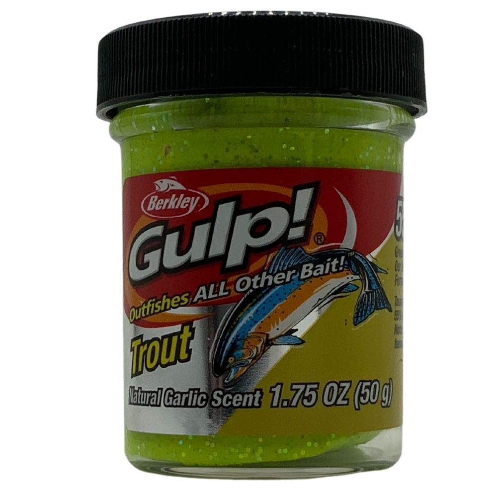 BERKLEY Gulp Trout Natural Scent Garlic Glitter DOUGH 50g Chunky Chartreuse