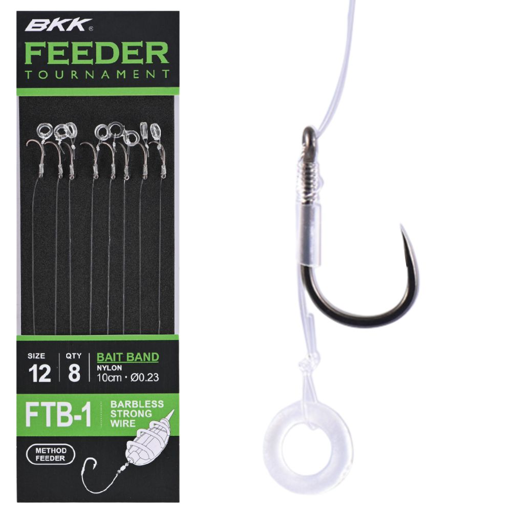 BKK Feeder Tournament Fishing Snelled Strong Wire Barbless Hook Rig BAIT  BAND FTB-1