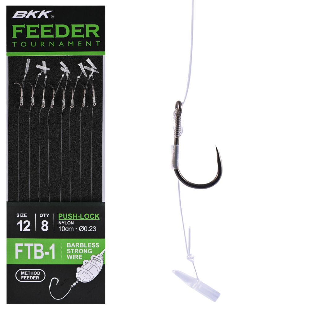 BKK Feeder Tournament Fishing Snelled Strong Wire Barbless Hook Rig  PUSH-LOCK FTB-1